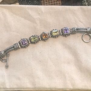 Stamped silver multi stone bracelet